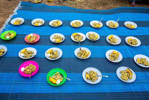 Auf einer Picknickdecke liegen mehrere Portionen Essen