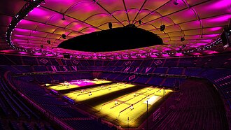 Das Volksparkstadion erstrahlt in Pink pink beleuchtetes HSV-Fußballstadion von innen