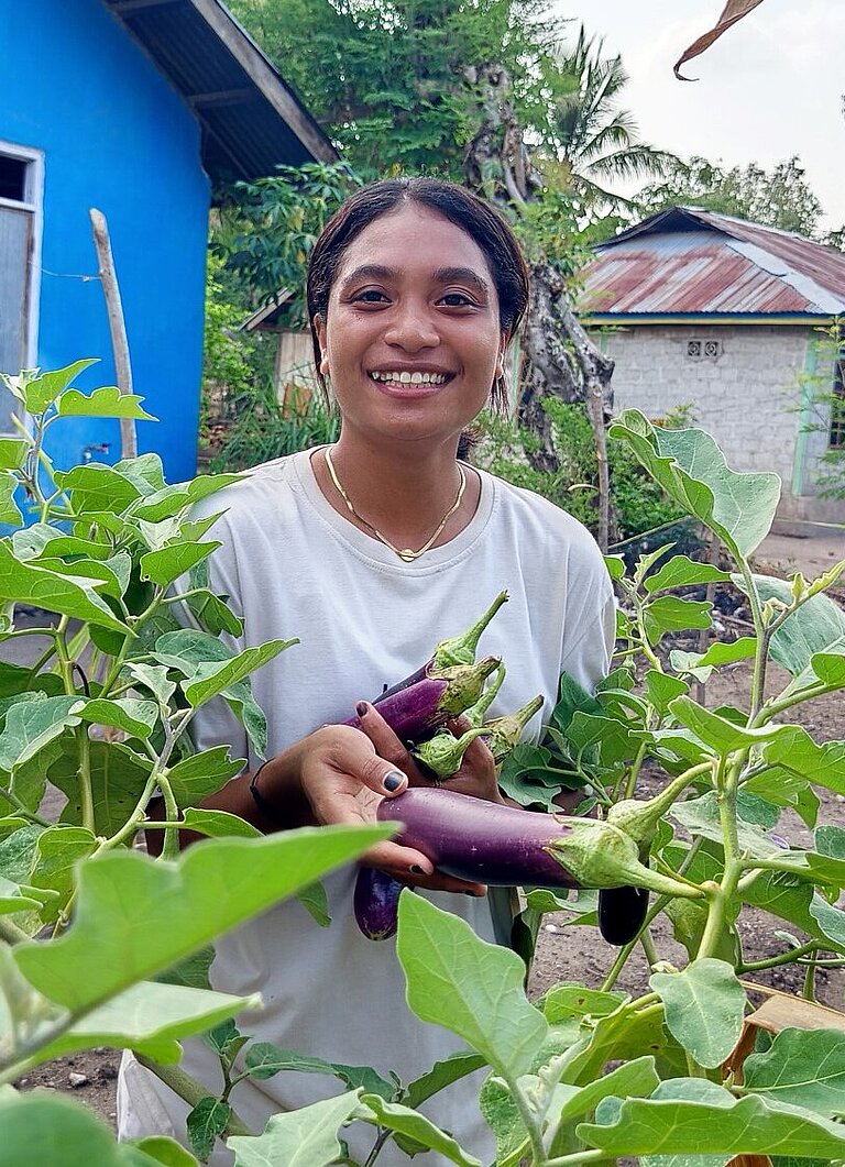 Anita erntet Auberginen in ihrem Gemüsegarten 