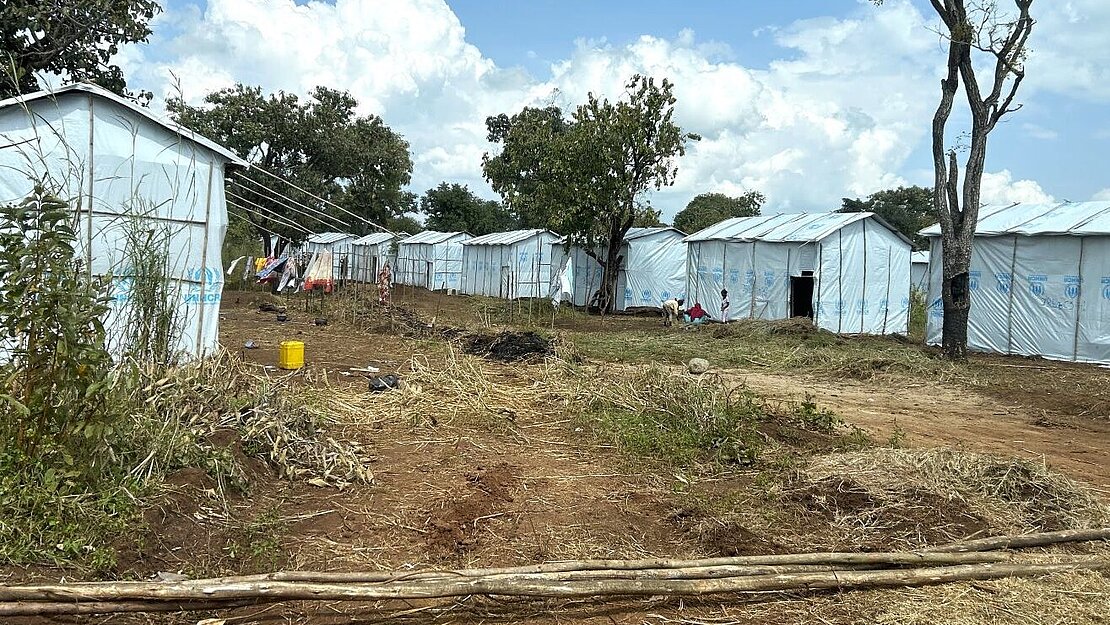 Unterkünfte aus Holzlatten und Planen sind aneinandergereiht.