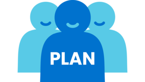 Wenn wir von Mitarbeitern sprechen, wird nicht klar, ob auch Frauen gemeint sind. In der Ansprache werden nur Männer erwähnt. Das ist nicht gerecht. Icon von drei Personen mit dem Plan-Logo auf dem Shirt. Es steht für das Plan Team.