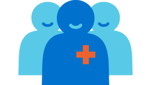 Icon mit drei Personen, die ein rotes Kreuz auf der Brust tragen. Es steht für medizinisches Personal.